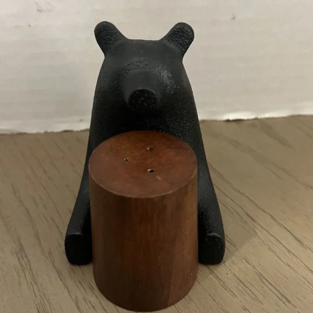 West Elm Bear Salt & Pepper Shakers Cast Iron & Wood New